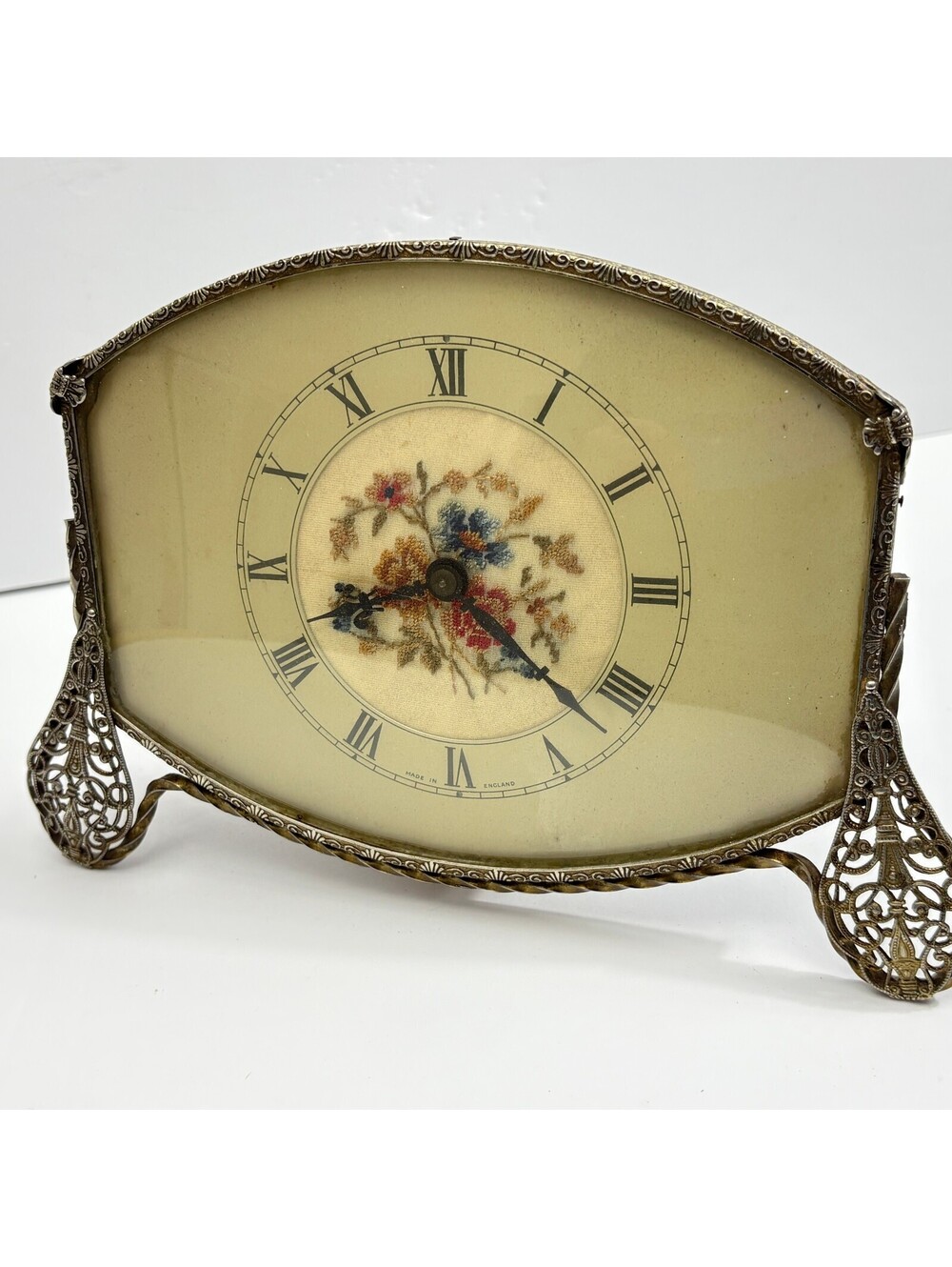Antique Filigree Brass Table Clock with Floral Petit Point Flowers